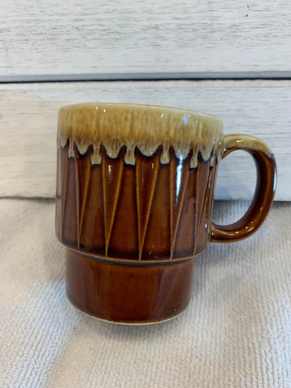 Vintage 1970s Japan Brown Drip Glaze Stackable Stoneware Coffee Mug MCM Cottage